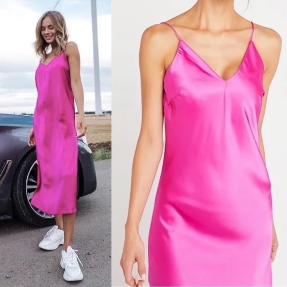 O.P.T. 90s Y2K Barbie Hot Pink‎ Satin V-Neck Sleeveless Midi Slip Dress Size M - Picture 7 of 13
